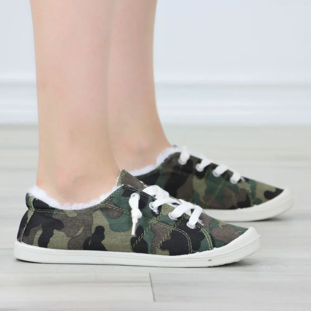 Camouflage Women's Flat Sneakers Canvas Lace Up Round Toe Warm Knit Lining - Picture 10 of 13